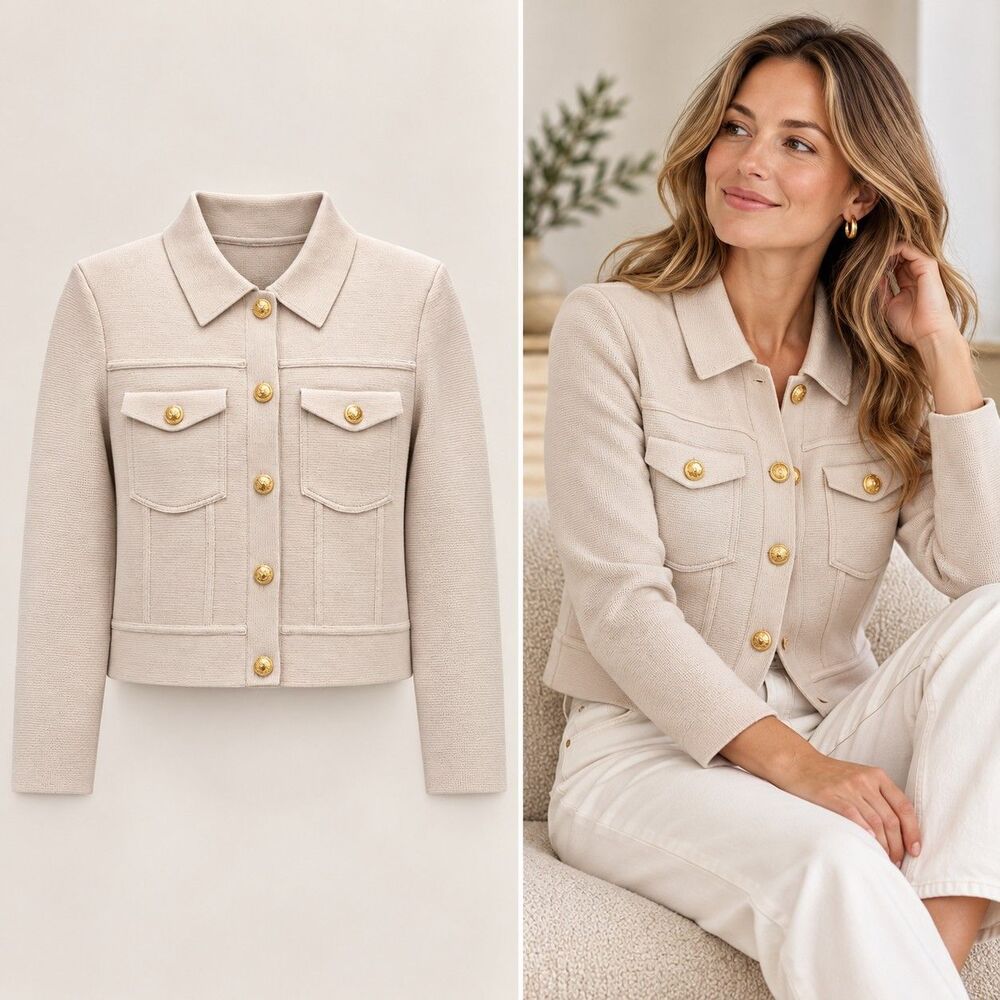 Sioni Ivory Knit Lady Jacket M Gold Buttons Cropped Collared Cardigan Chic